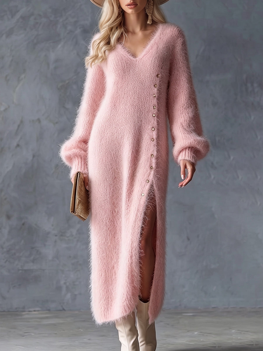 Stylish And Elegant V-neck Knitted Maxi Dress With A Soft, Velvety Feel