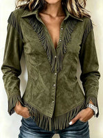 Women's Solid Color Collared Long-sleeved Casual Loose Faux Suede Tassel Shirt