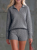 Women's Solid Color Collared Long-sleeved Casual Loose Knit Top And High-waisted Shorts Knit Set