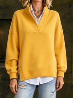 Relaxed Bright Yellow V-neck Stand Collar Sweatshirt