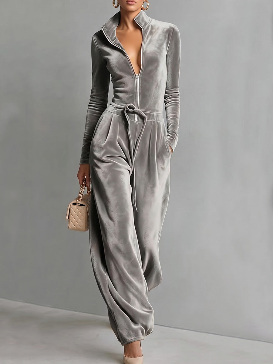 Women's Solid Color Stand Collar Long Sleeve Casual Loose Velvet Wide Leg Jumpsuit