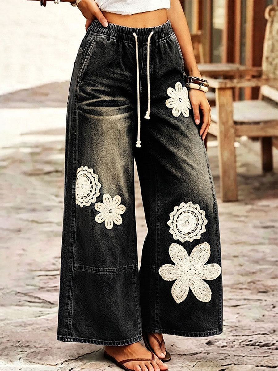 Cozy Bohemian Denim Wide-leg Pants With Crochet Flower