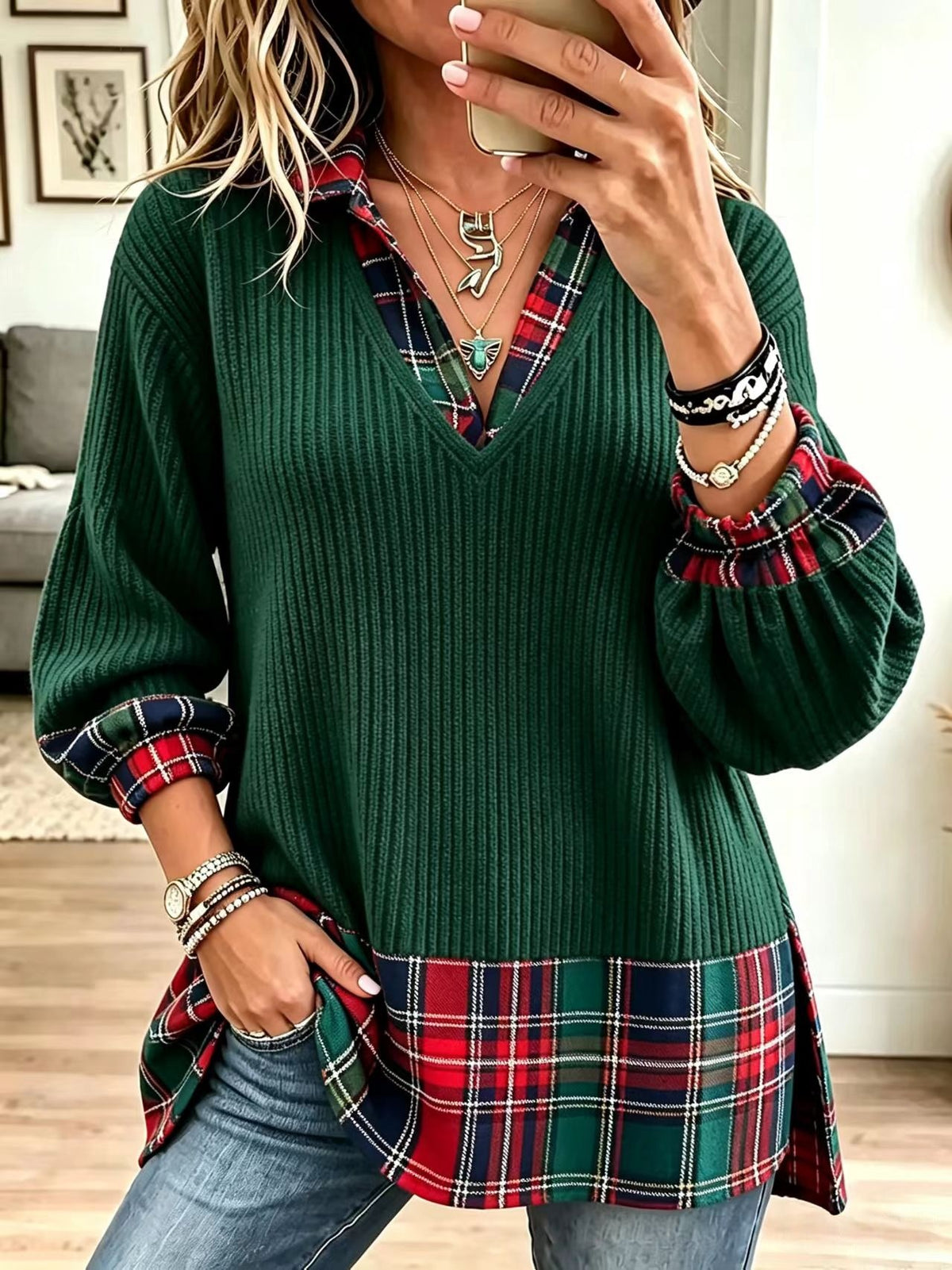 Christmas-themed Casual Plaid-paneled Ribbed Knit Top