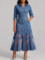 Elegant Sophisticated Denim Dress With A Lace Hem