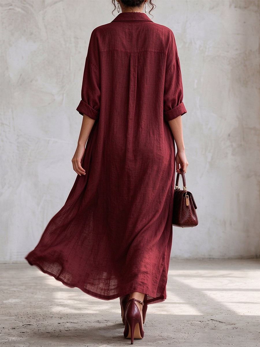 Elegant Linen-Blend Maxi Shirtdress & Pants Set