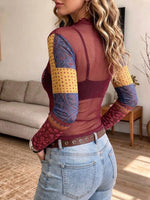 Women's Sheer Mesh Floral Print Long Sleeve Mock Neck Top