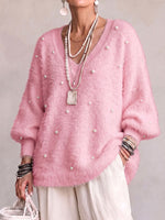 Women's Solid Color V-neck Long-sleeved Casual Loose Beaded Sweater