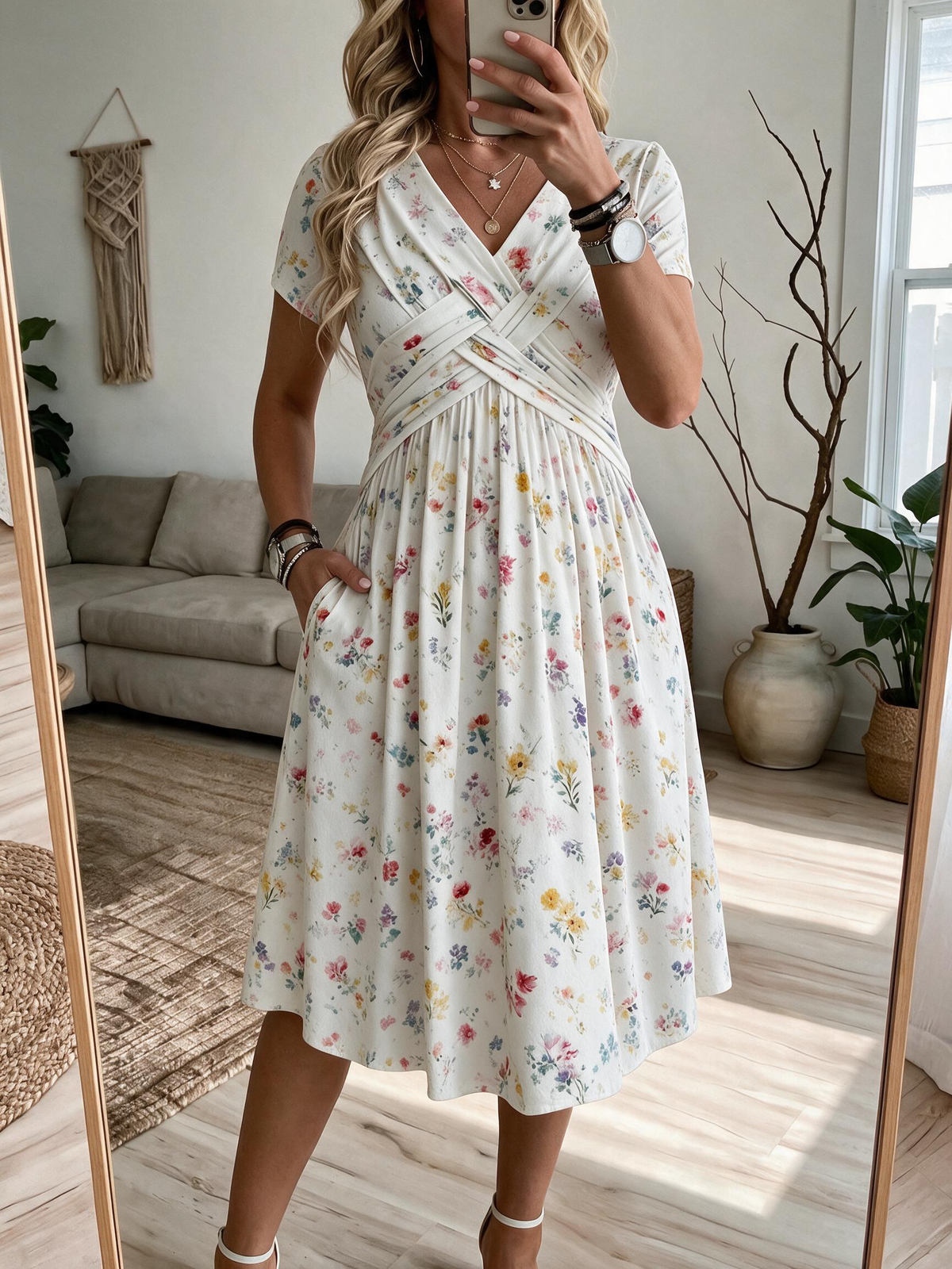 Women's V-Neck Floral Print Dress with Twist Waist