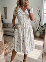 Women's V-Neck Floral Print Dress with Twist Waist