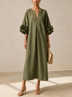 Elegant Mid-length Linen-cotton Blend Dress With 3d Floral Appliqué