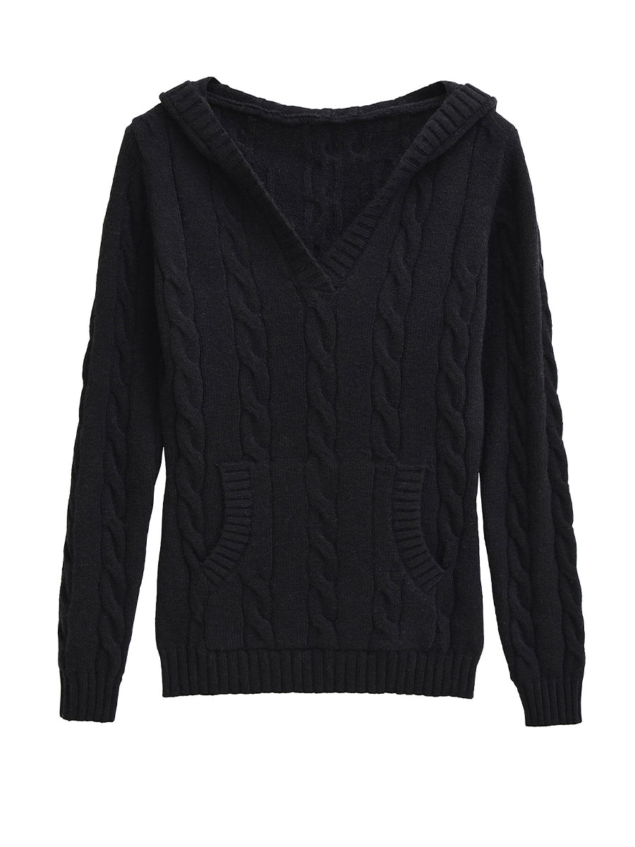 Casual Cable-knit V-neck Sweater With Hood