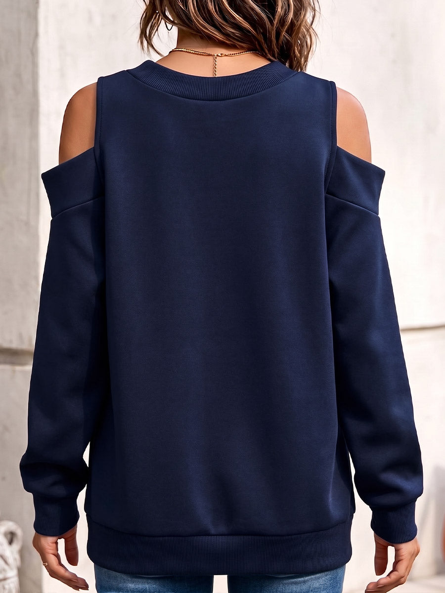 Women's Solid Color V-neck Off-shoulder Long-sleeve Casual Loose Pullover Top