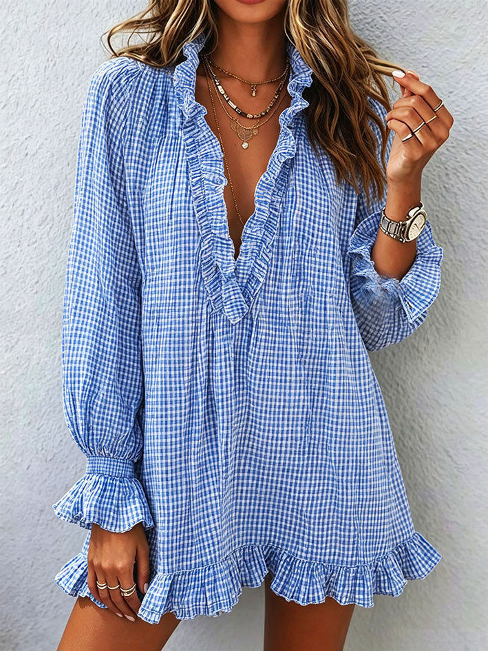Chic Ruffled Blue Gingham Smock Dress