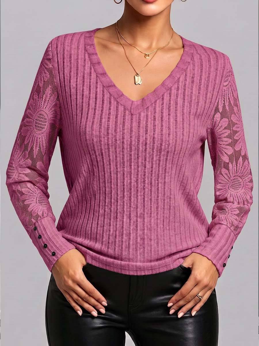 Women's V-neck Lace-trimmed Long-sleeved Casual Loose Pullover Knit Top