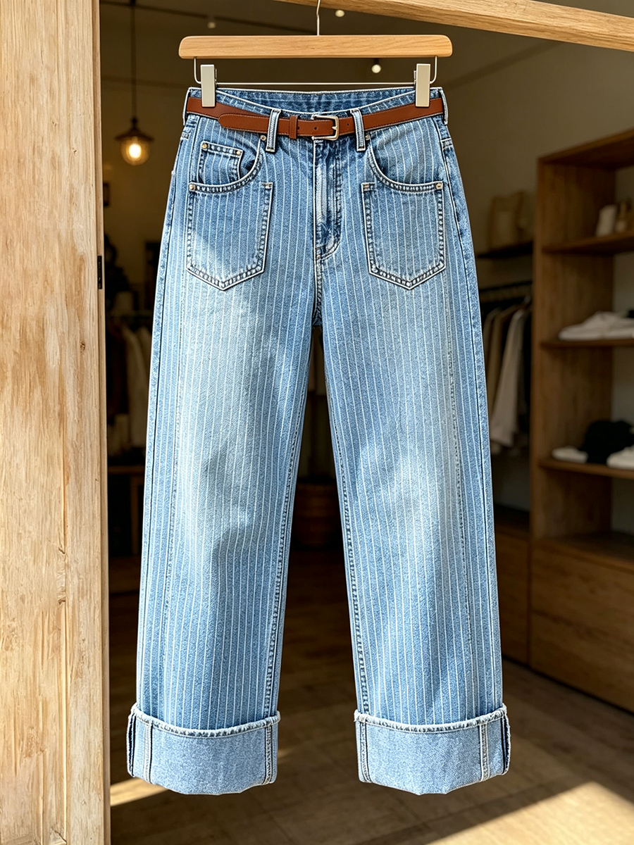 Relaxed Chic Pinstripe Light Wash Stretch Denim Wide-leg Jeans