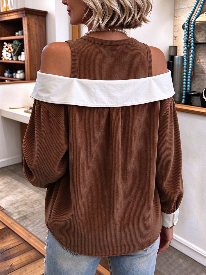 Casual Corduroy Cold Shoulder Faux Two-piece Top