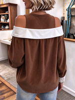 Casual Corduroy Cold Shoulder Faux Two-piece Top
