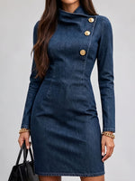 Women's Solid Color Stand Collar Long Sleeve Casual Loose Denim Dress