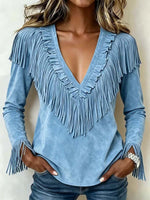 Women's Solid Color V-neck Long-sleeved Casual Loose Tassel Top