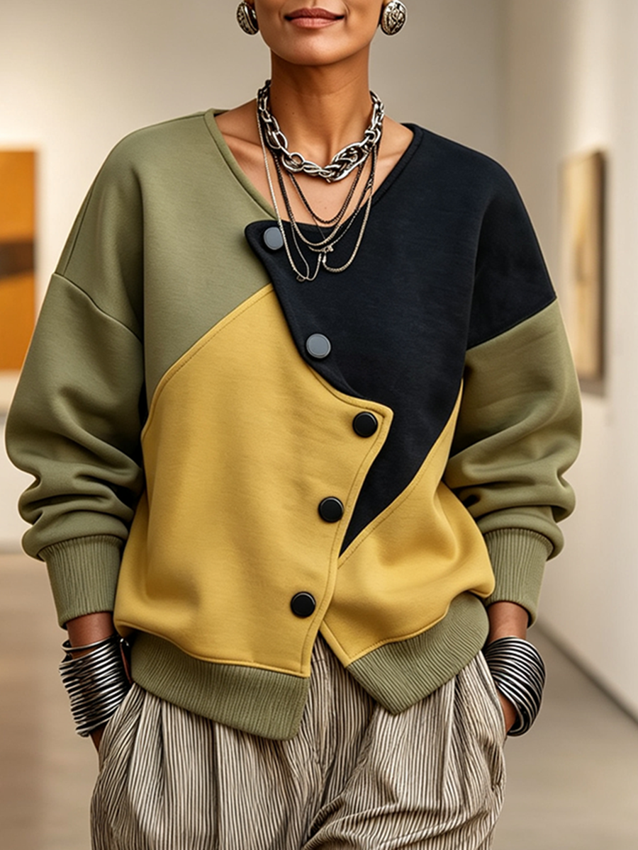 Chic Stylish Asymmetric Colorblock Sweatshirt Jacket
