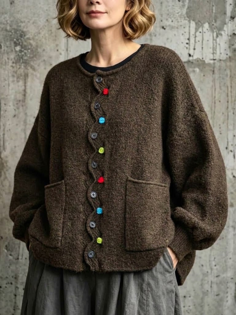 Loose-fit, Drop-shoulder Knit Cardigan Featuring A Wavy Placket, Decorative Colorful Buttons, And Large Patch Pockets