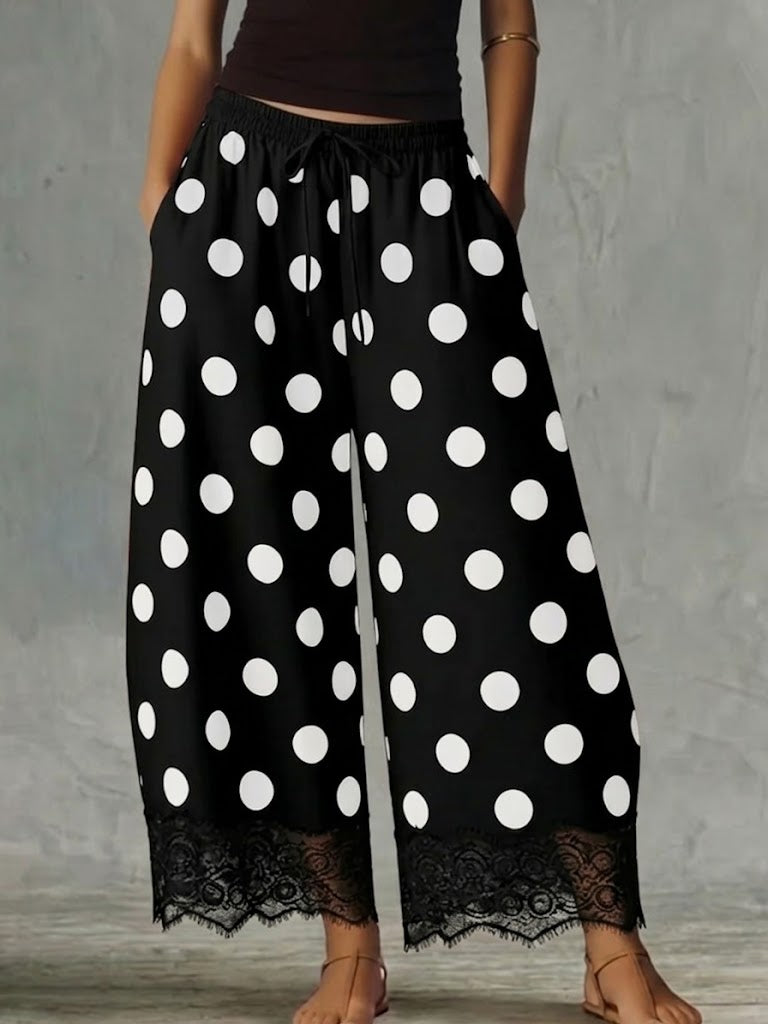 Polka Dot Print Lace‑trim Wide‑leg Culotte Pants