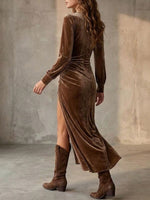 Glamorous Brown Velvet Ruched High-slit Maxi Dress