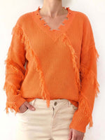 Women's Solid Color V-neck Long-sleeved Casual Loose Tassel Pullover Knit Sweater