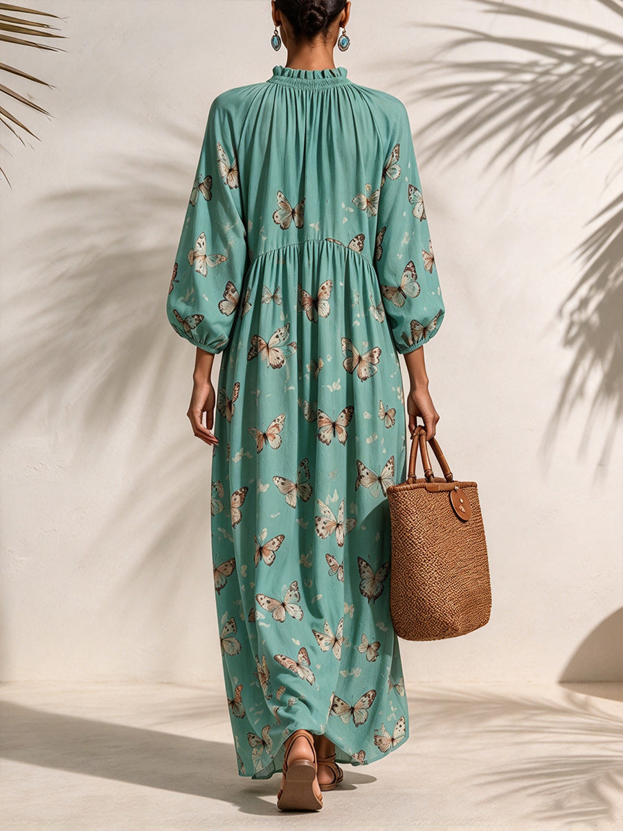 Bosei Riddle Butterfly-print Linen-blend Maxi Dress