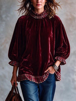 Plaid Trim Velvet Ruffle Mock Neck Blouse