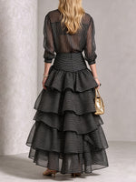 Chic Striped Sheer Shirt & Ruffled High-Low Maxi Skirt Set