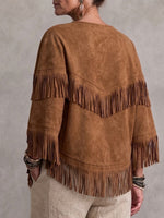 Ethnic-style Faux Suede Fringed Vest With Batwing Sleeves