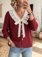 Chic Ribbed-knit Cardigan With Ruffles And Bows