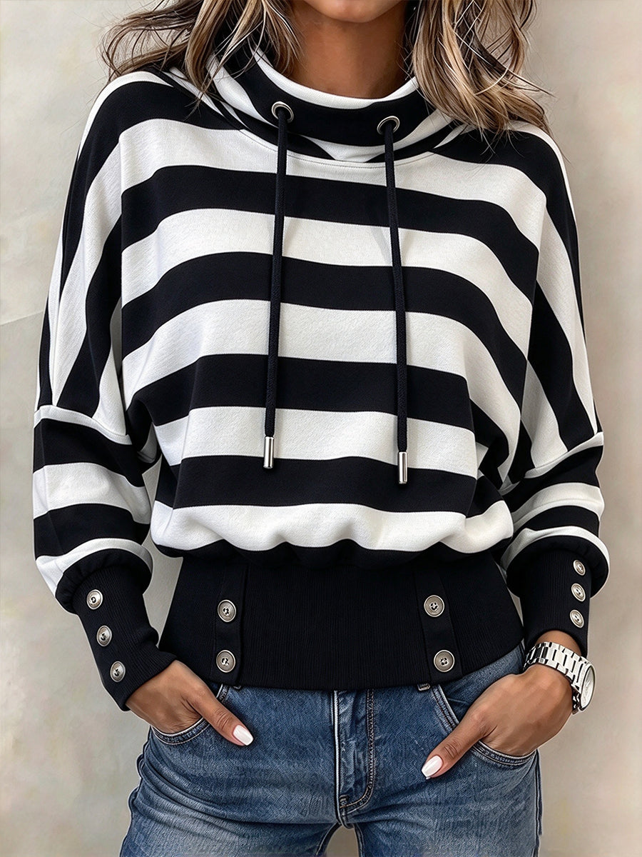 Casual Striped Funnel-neck Drawstring Sweatshirt