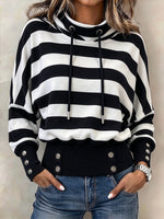 Casual Striped Funnel-neck Drawstring Sweatshirt