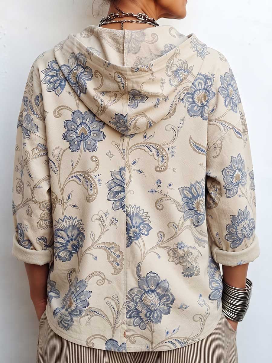 Women's Retro Print Casual Loose Long Sleeve Hooded Cardigan