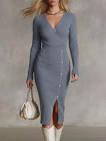Women's Solid Color V-neck Long Sleeve Casual Loose Slit Knit Dress