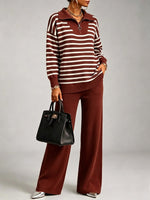 Cozy And Casual Two-piece Set Featuring A Striped Half-zip Knit Pullover And Solid-color Knit Trousers.