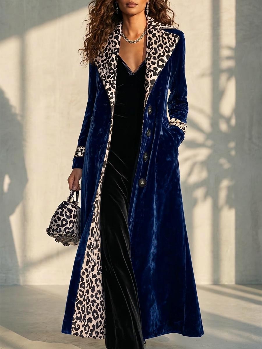 Women's Retro Velvet Long Coat With Leopard Print Color Block Lapel And Inner Panels Single-breasted Long Sleeve Trench Coat