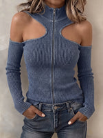 Chic Cold-Shoulder Full-Zip Ribbed Washed Knit Top