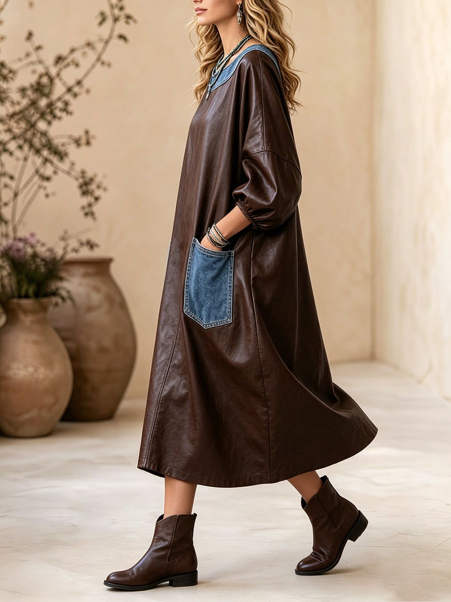 Chic Brown Faux-Leather & Denim Accent Midi Dress