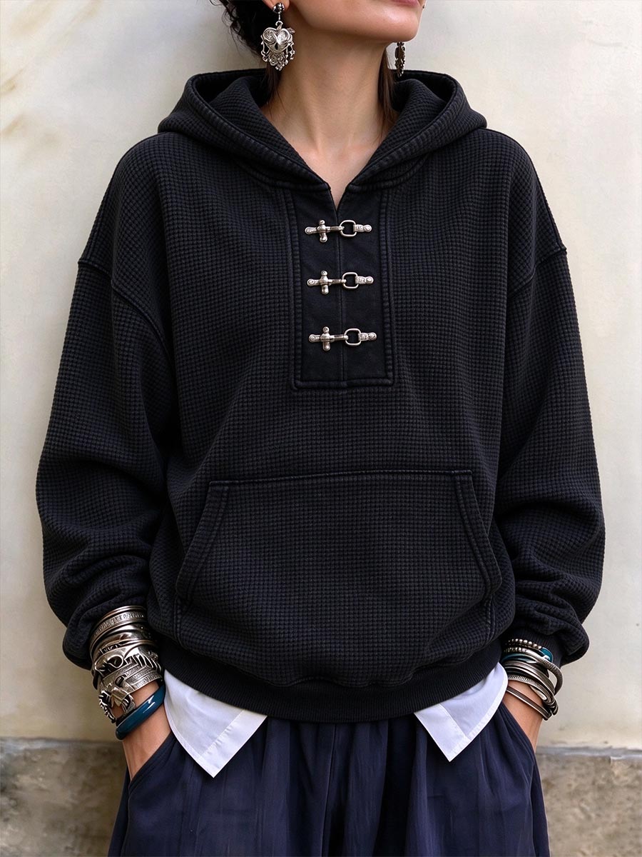 Women's Waffle Knit Toggle Clasp Hoodie With Pocket