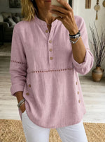 Hollow Eyelet Stand Collar Linen Henley Blouse