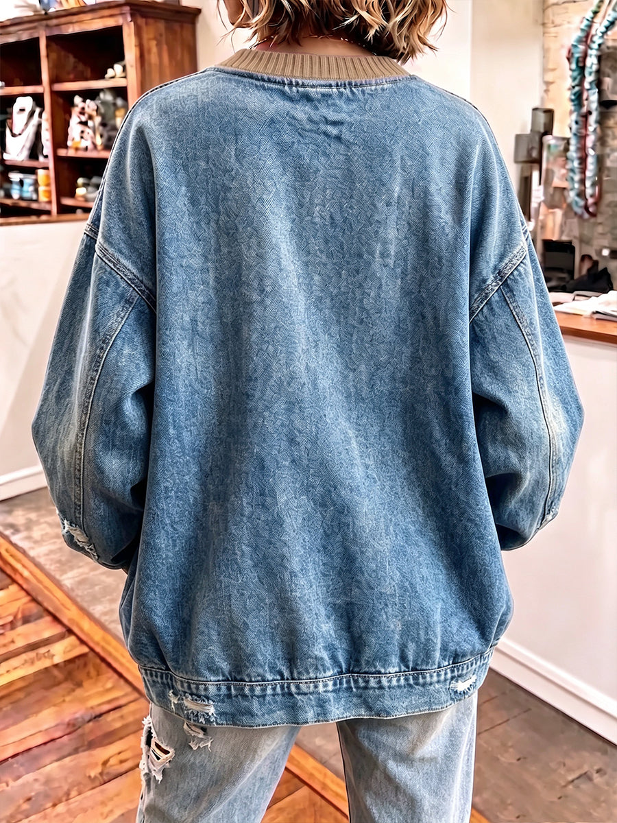 Chic Khaki Cable-Knit and Denim Patchwork Pullover