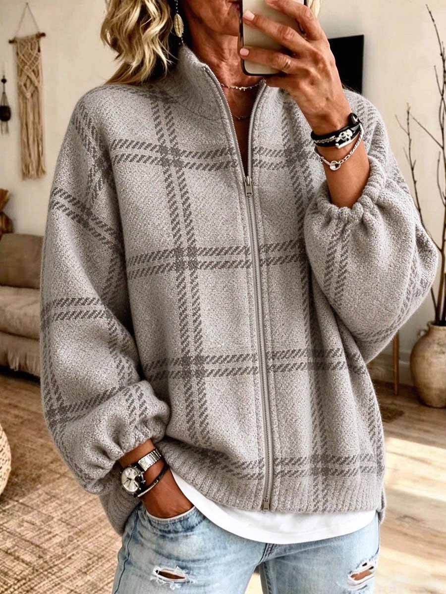 Women's Casual Plaid Stand Collar Zip-up Knit Cardigan