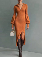 Women's Solid Color Stand Collar Long Sleeve Casual Slim Fit Bodycon Knit Dress