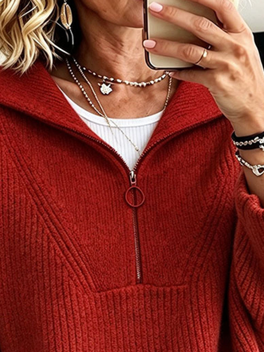 Casual Stylish Half-zip Ribbed Knit Sweater