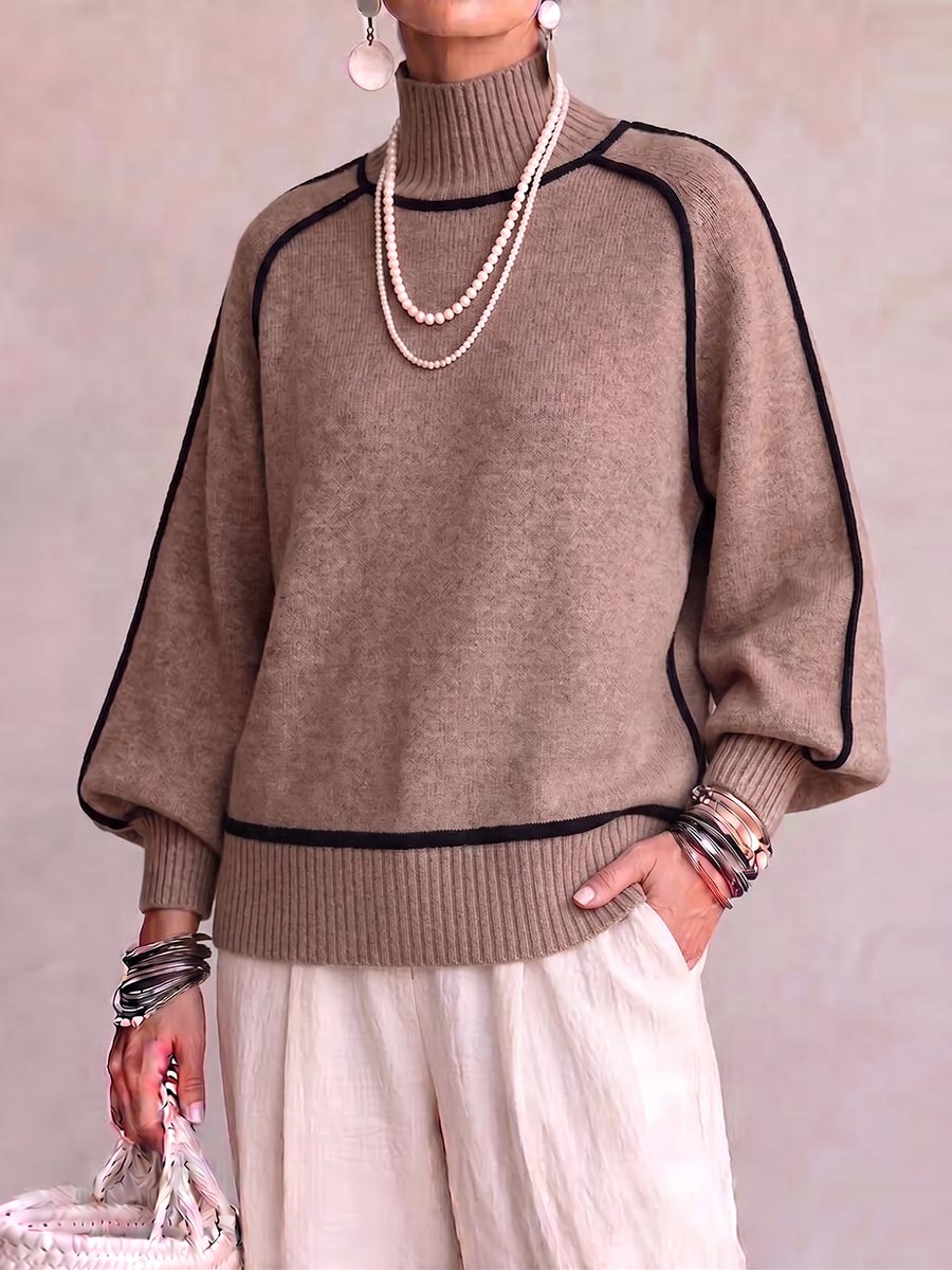 Women's High-neck Long-sleeved Casual Loose Color-blocked Pullover Knit Sweater