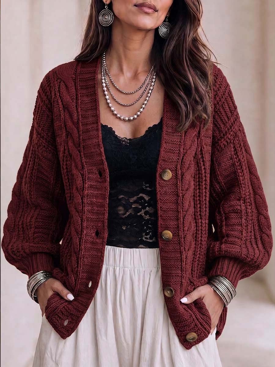 Women's Solid Color V-neck Long Sleeve Casual Loose Knit Cardigan