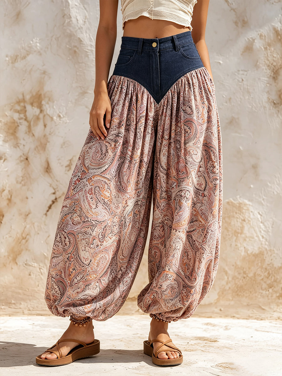 Bohemian-style Patchwork Lantern Pants Featuring Denim And Paisley Patterns.